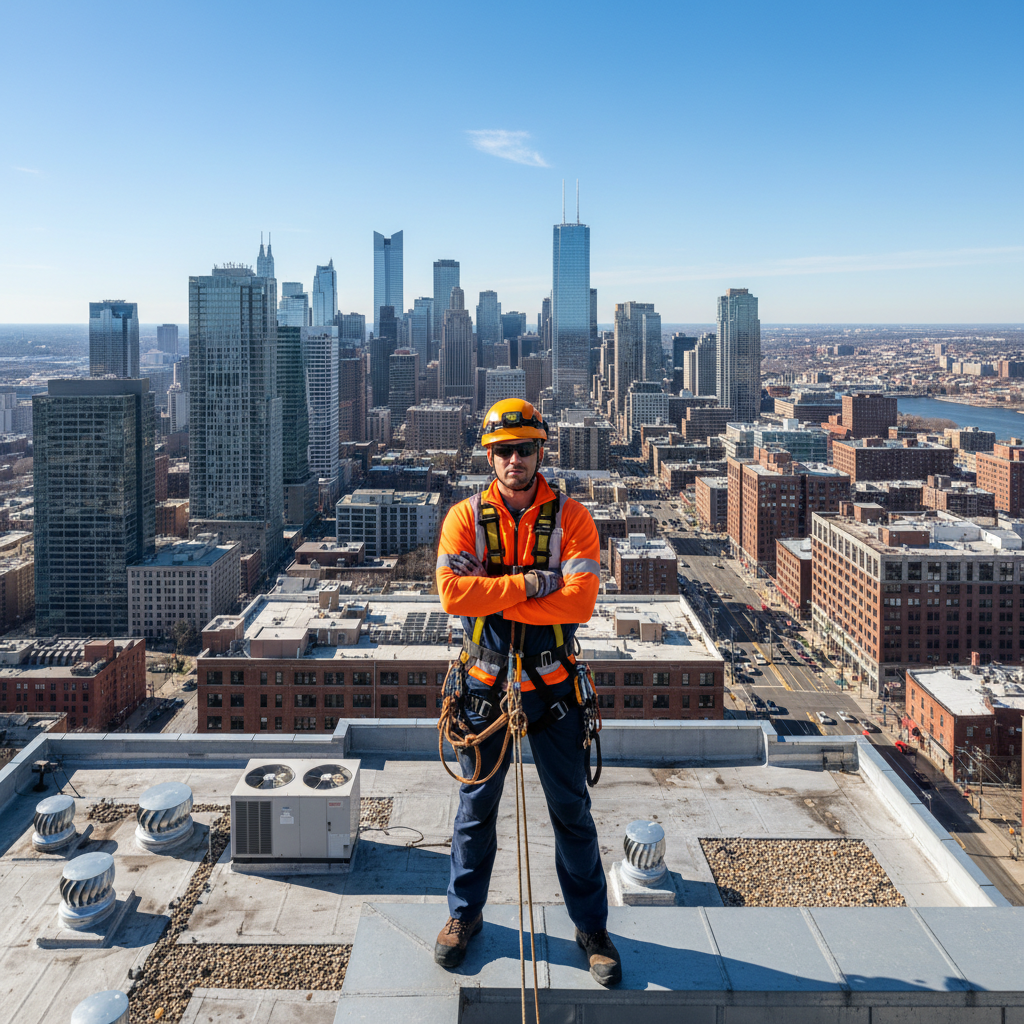 Taiwo Adeleke in full rope access harness on a Victoria Island commercial building rooftop