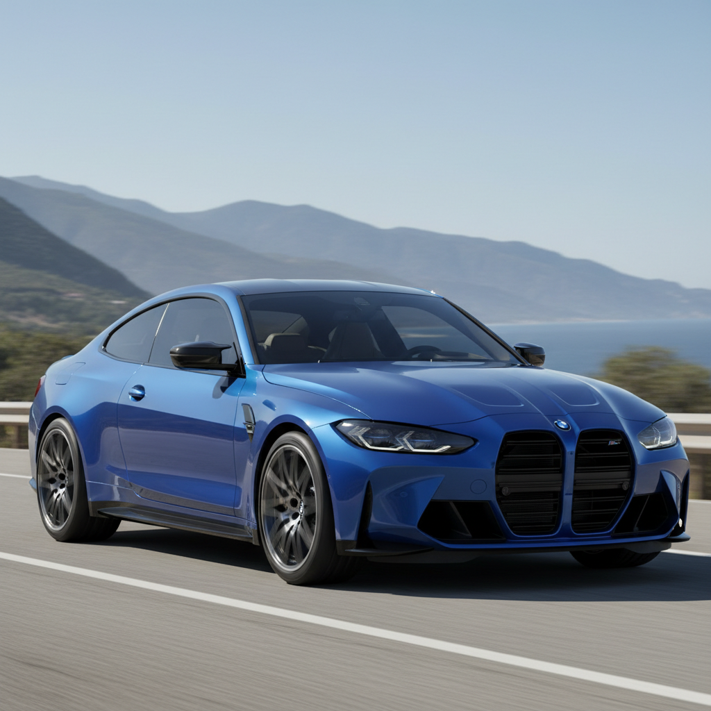 Blue BMW M4 Competition coupe on empty road with dramatic sky and mountains