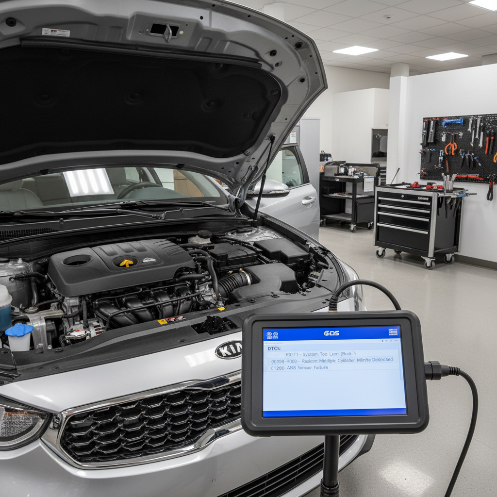 Diagnostic bay with dealer-grade GDS scan tool connected to a Kia engine bay, monitor displaying fault codes