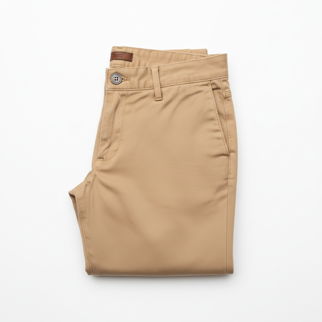 Bright studio with slim khaki chino trousers neatly folded on white surface, clean editorial