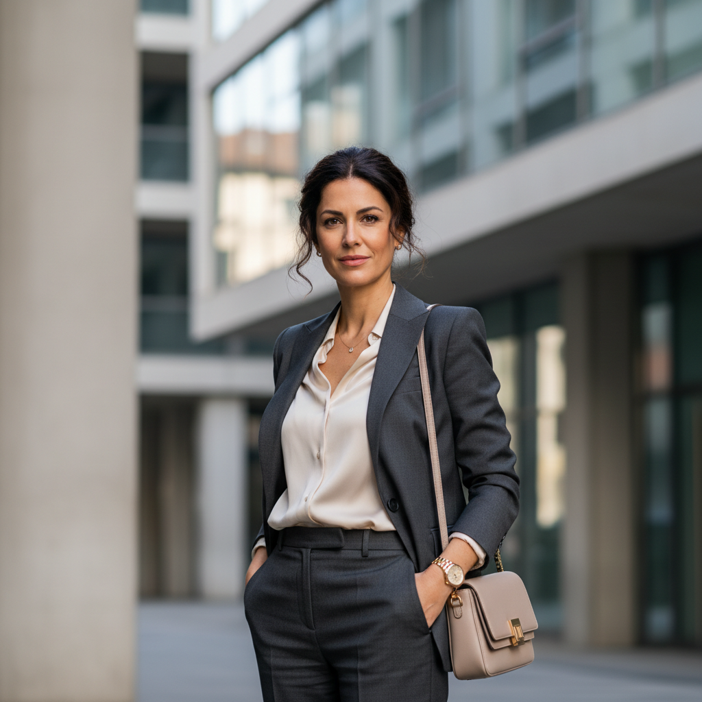 Italian businesswoman photographed in Milan, architectural background, commanding presence