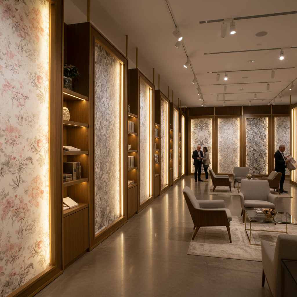 Modern kitchen showroom with premium cabinetry displays, architectural lighting, and professional interior design in a warm atmospheric space