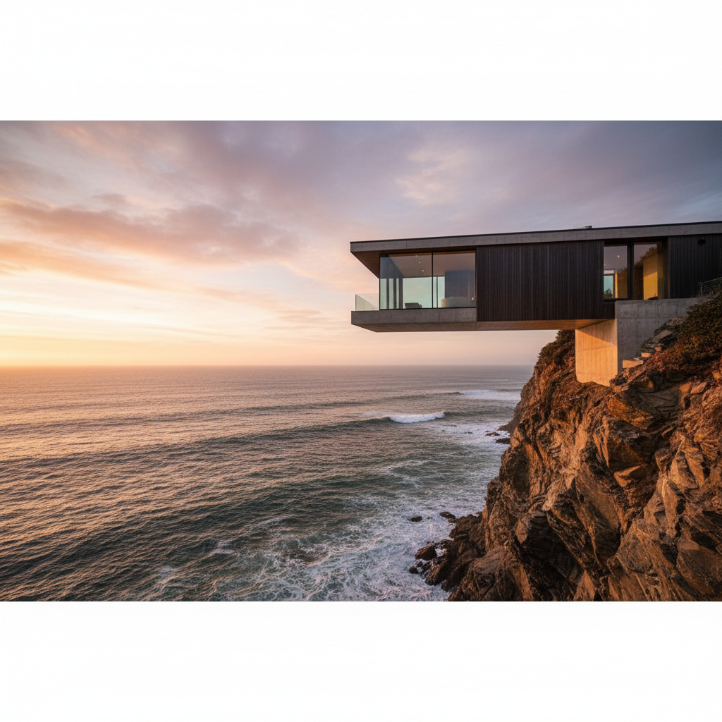 Coastal luxury home exterior with cantilevered deck over cliff, Pacific Ocean horizon, golden hour light