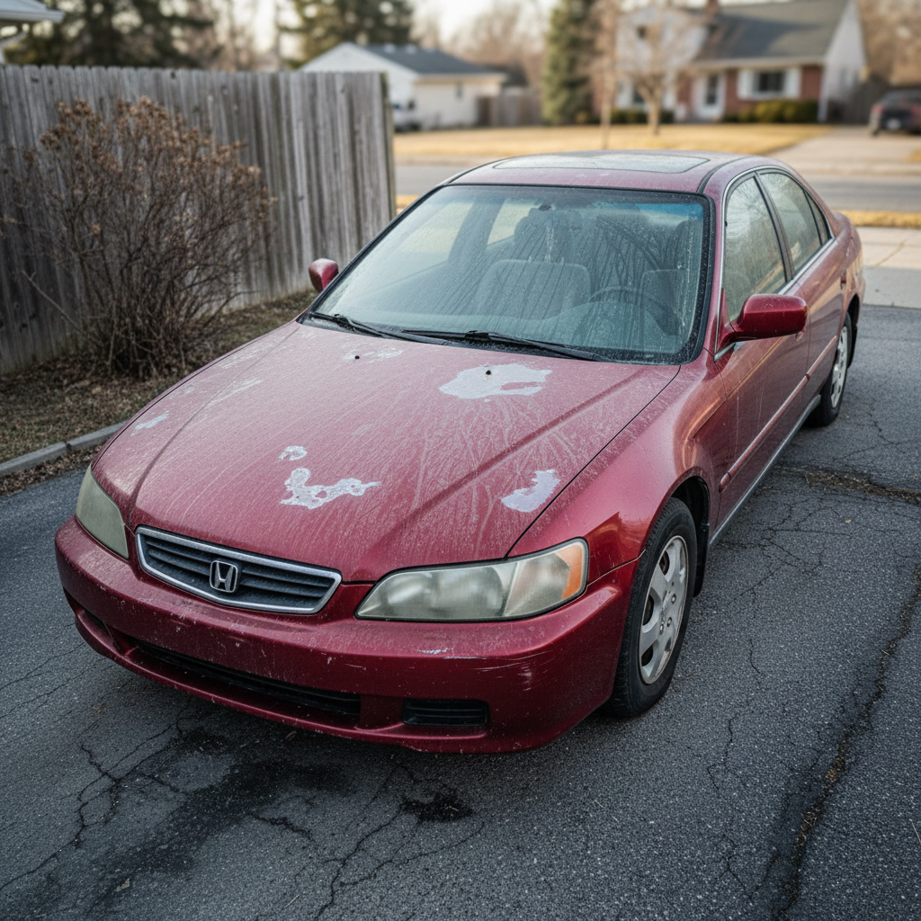 Car with water spots, road grime, and dusty oxidized paint before professional detailing