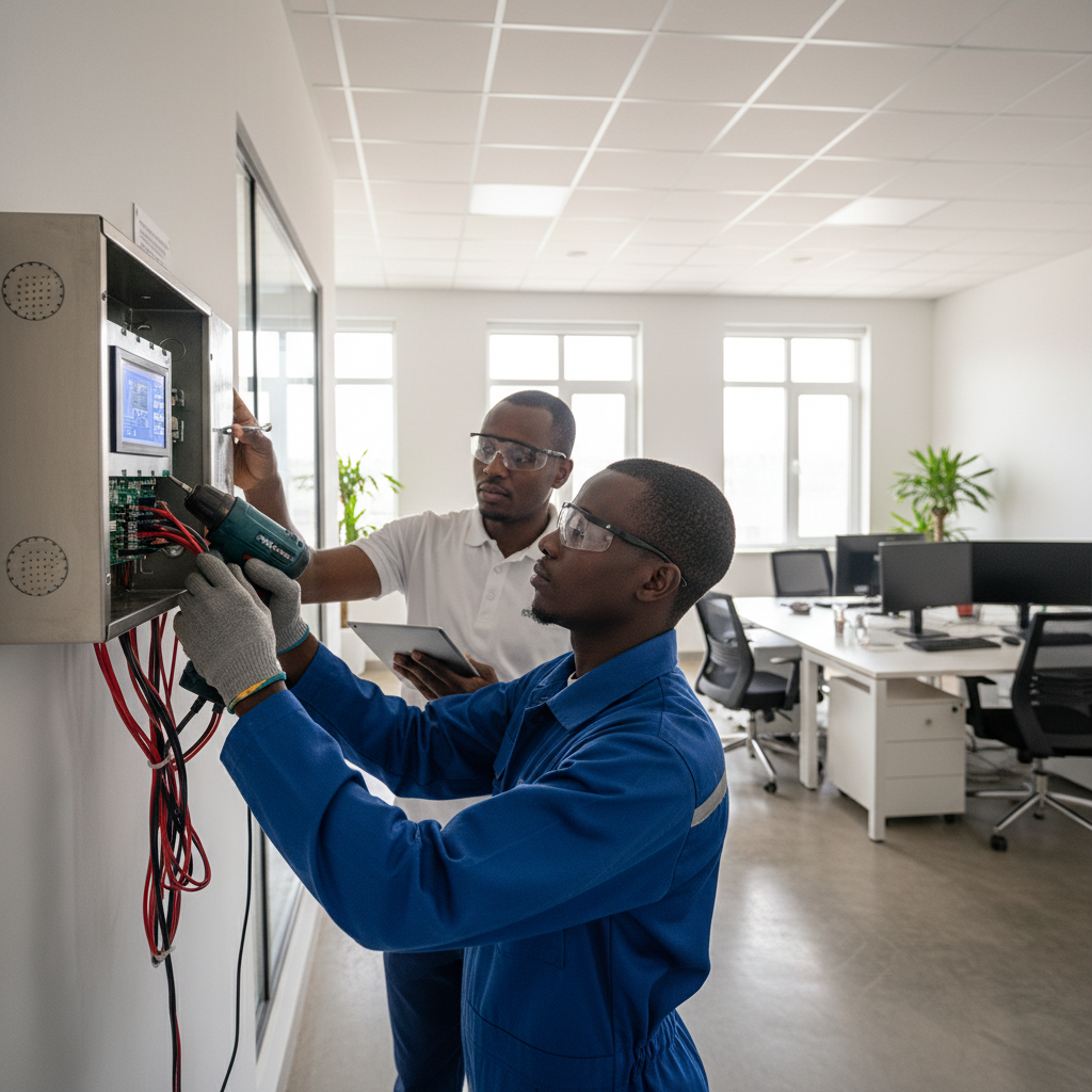 Alarm control panel being installed indoors, security system setup in Kenyan office