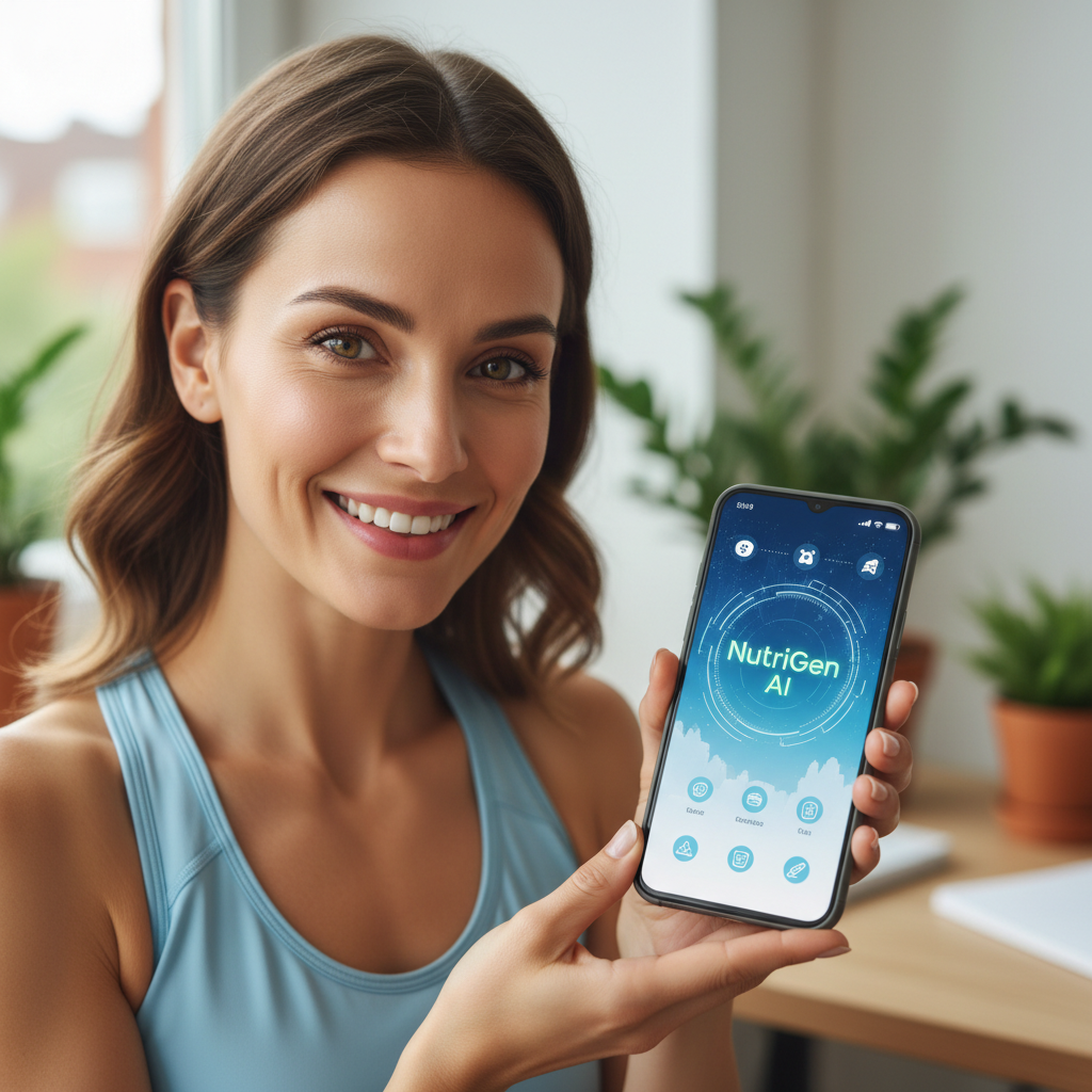 Bright kitchen with colorful fresh ingredients and a smartphone showing an AI food recognition interface over a beautifully plated dish