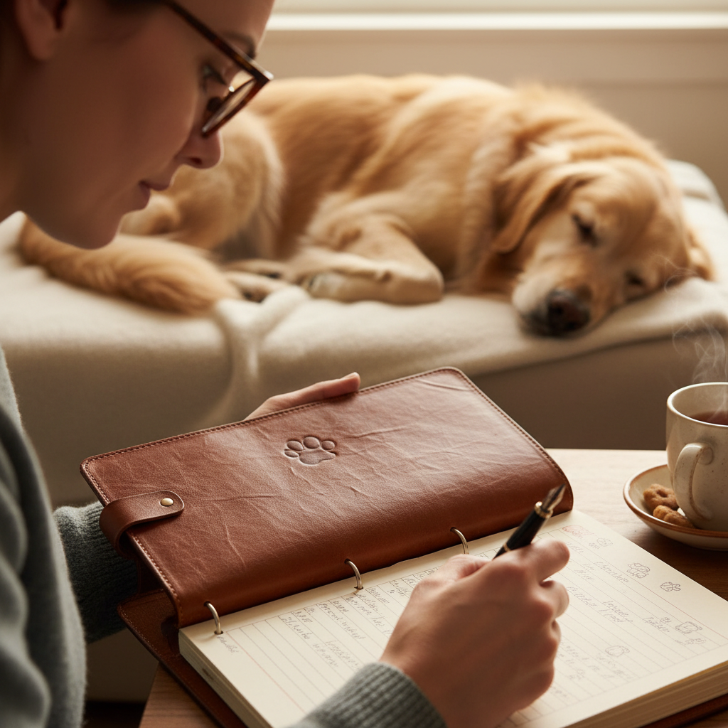 Professional pet sitter writing detailed care notes in leather-bound log with a sleeping golden retriever blurred in the background, warm natural window light