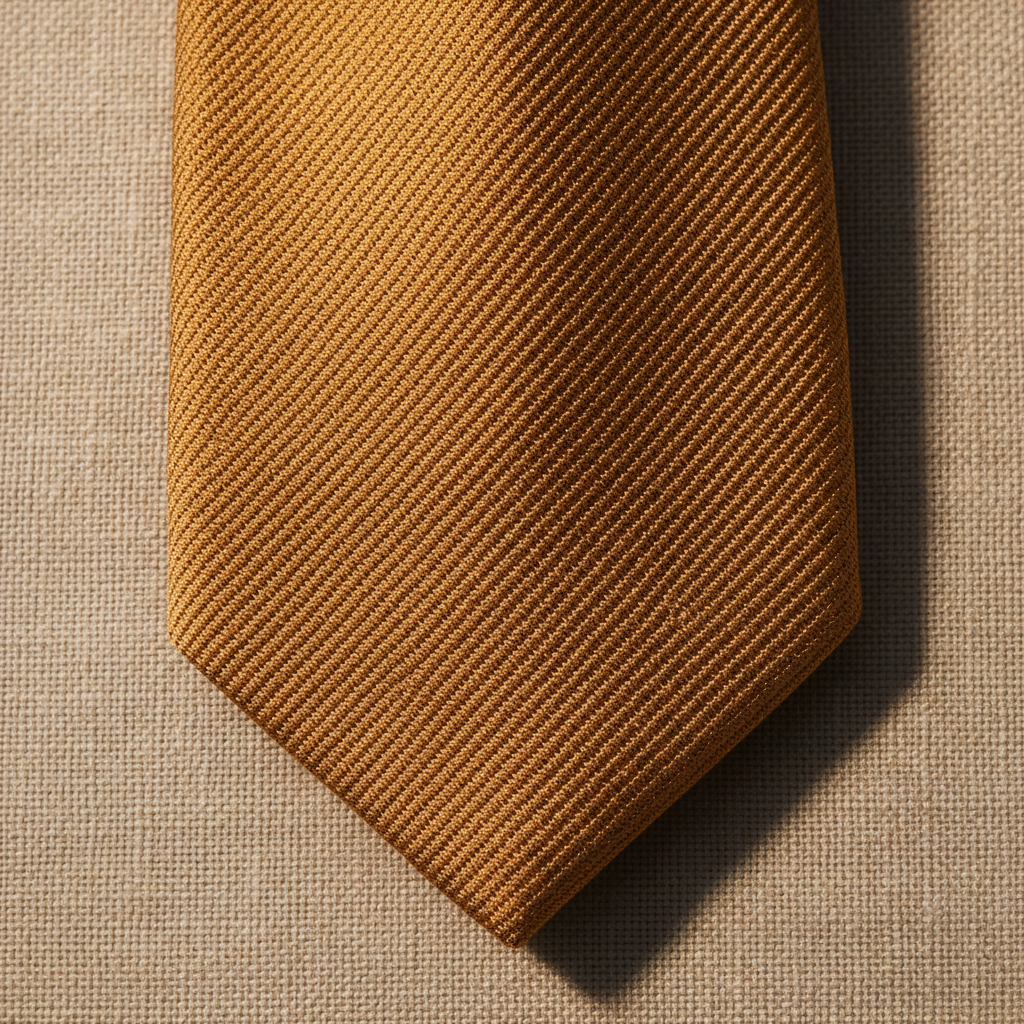 Macro shot of dimpled amber silk tie showing fine herringbone weave texture