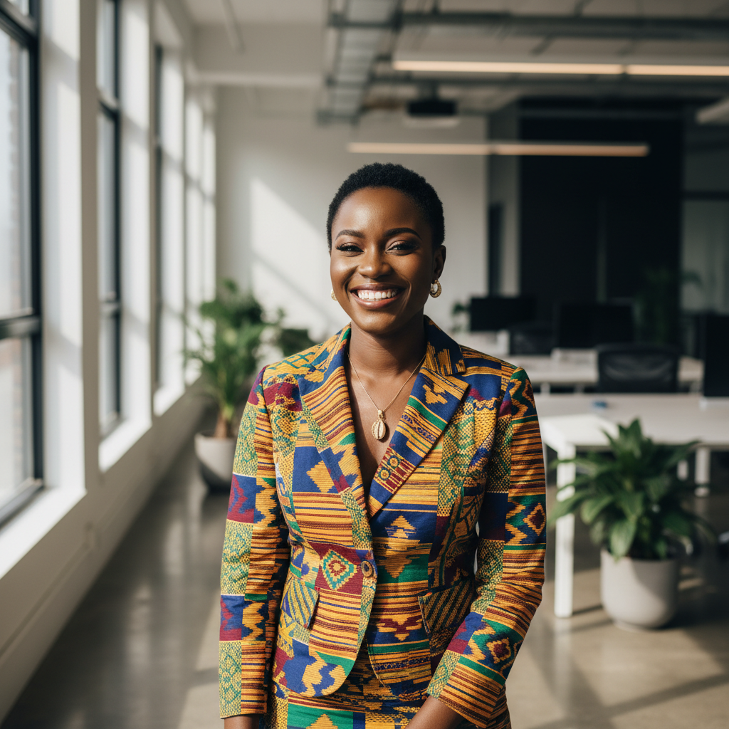 Smiling Ghanaian woman in professional attire with natural hair