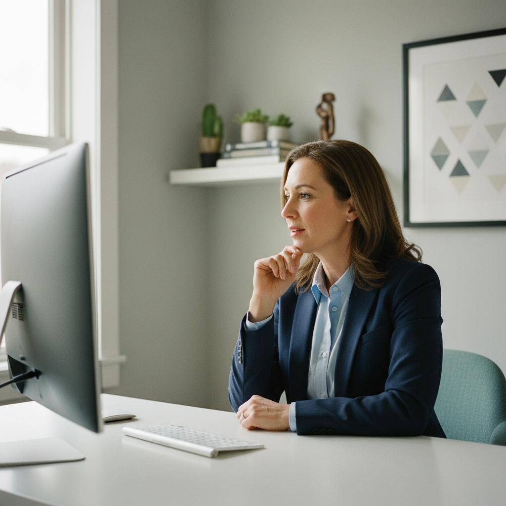 Professional coach in a bright modern office, calm natural light, clean white walls, focused atmosphere