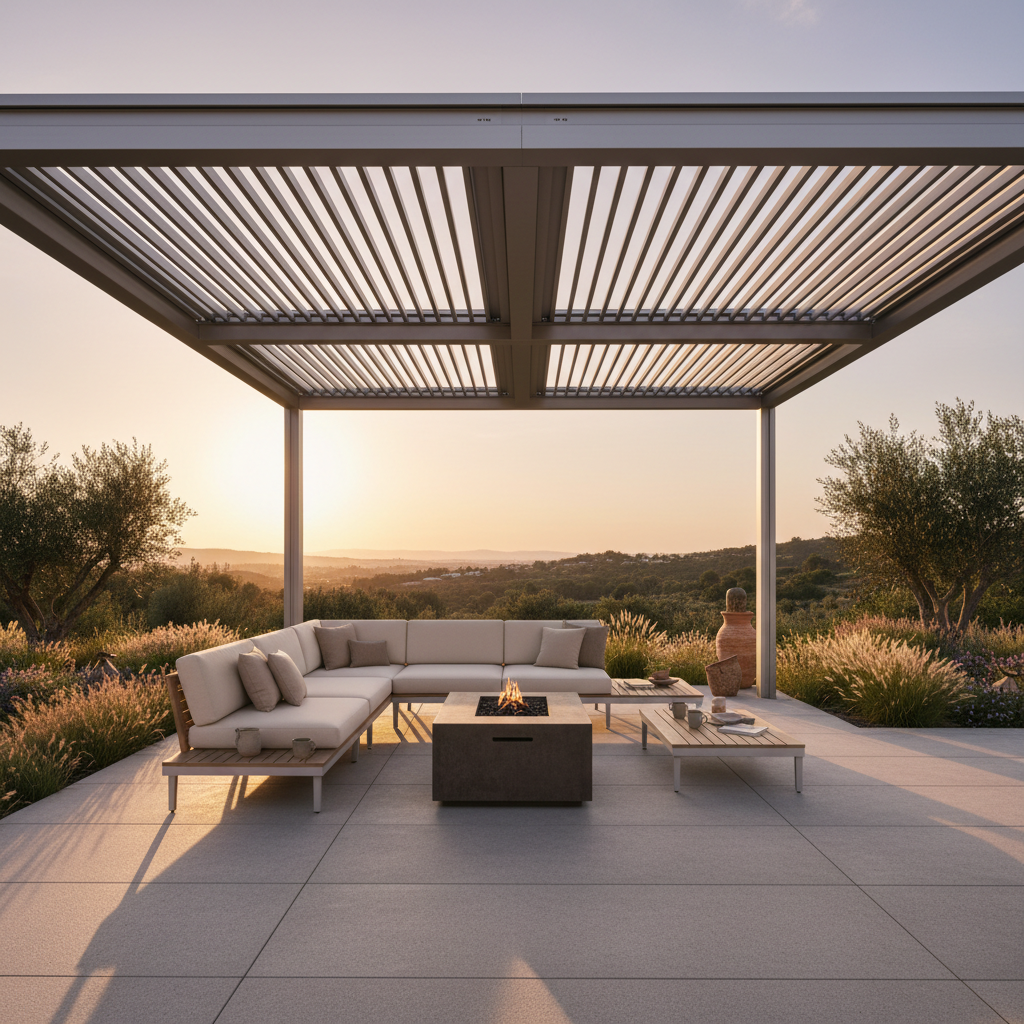 Motorized louvered pergola with rotating aluminum louvers over luxury outdoor patio