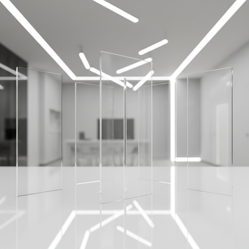 Clear plastic display panels in a showroom with crisp white reflections