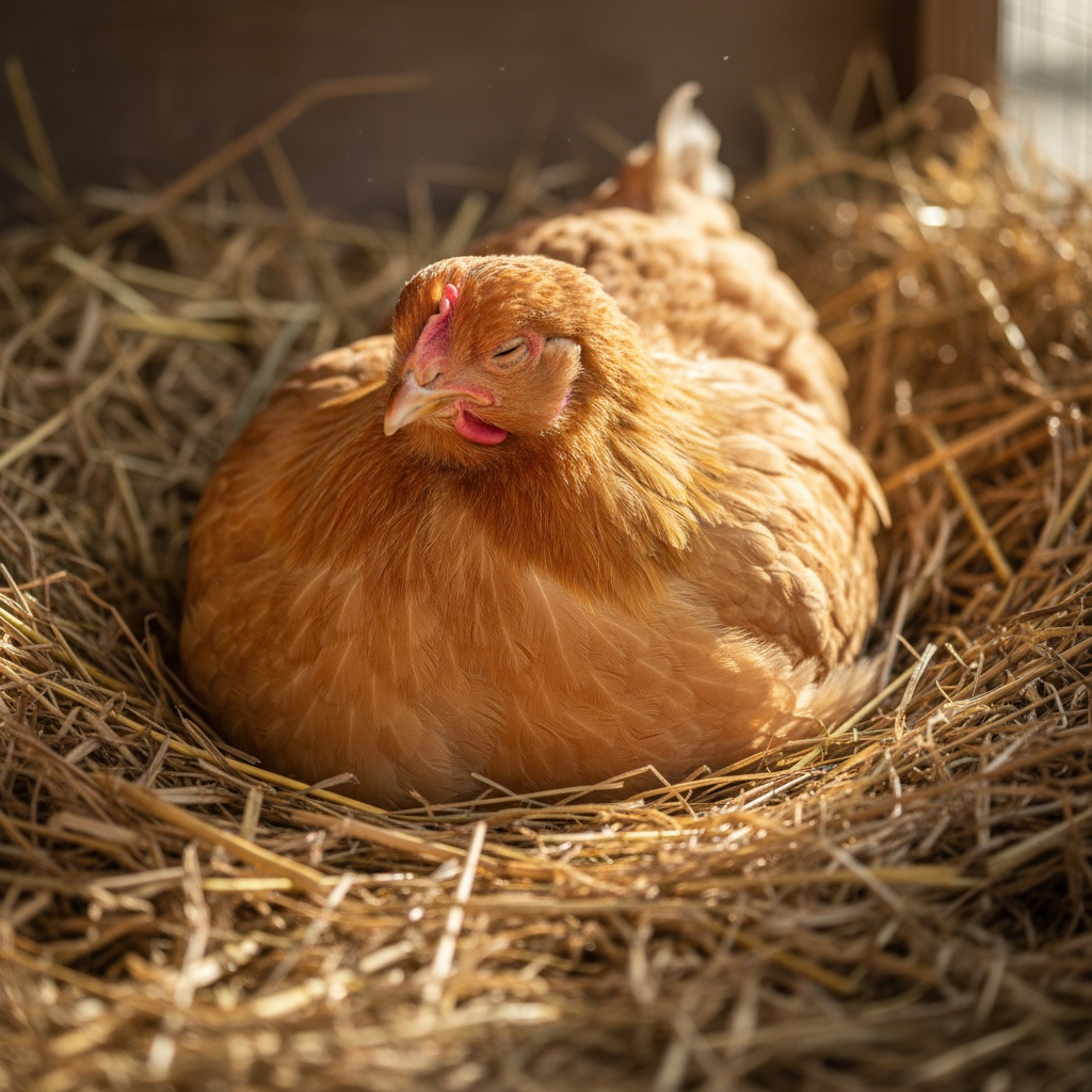 Fluffy Orpington hen with golden feathers sitting contentedly in a straw nest box inside a well-kept wooden coop
