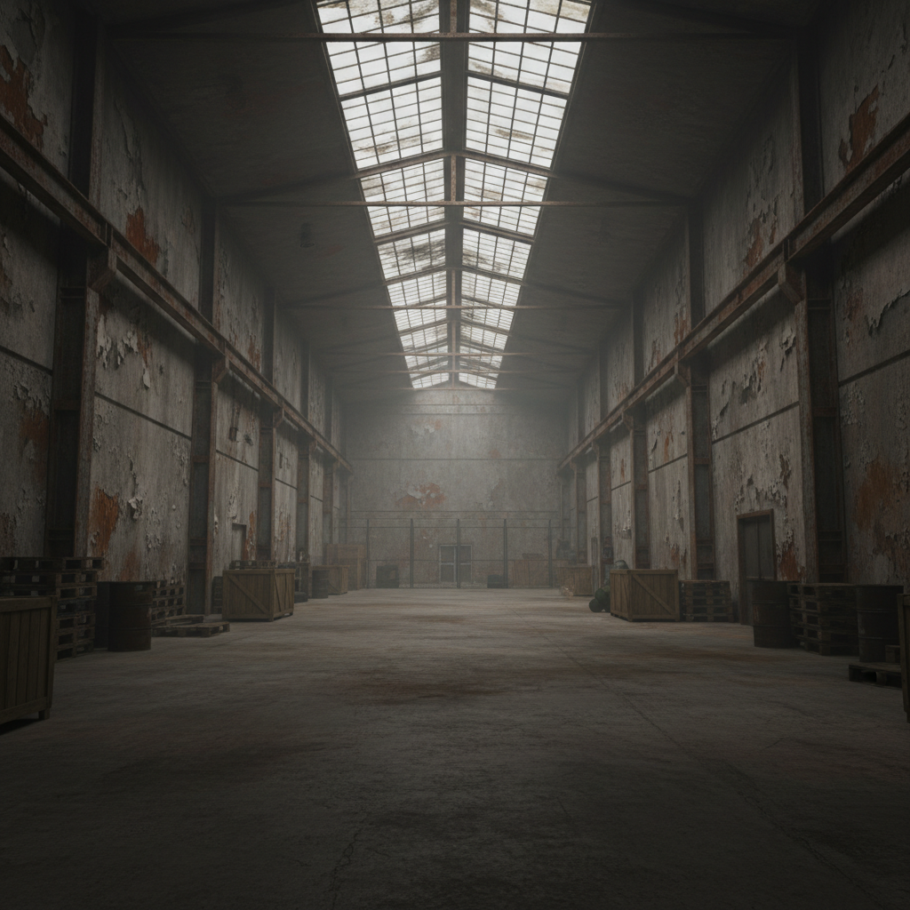 Abandoned industrial building interior with broken walls and dim lighting, dark concrete corridors, urban combat environment