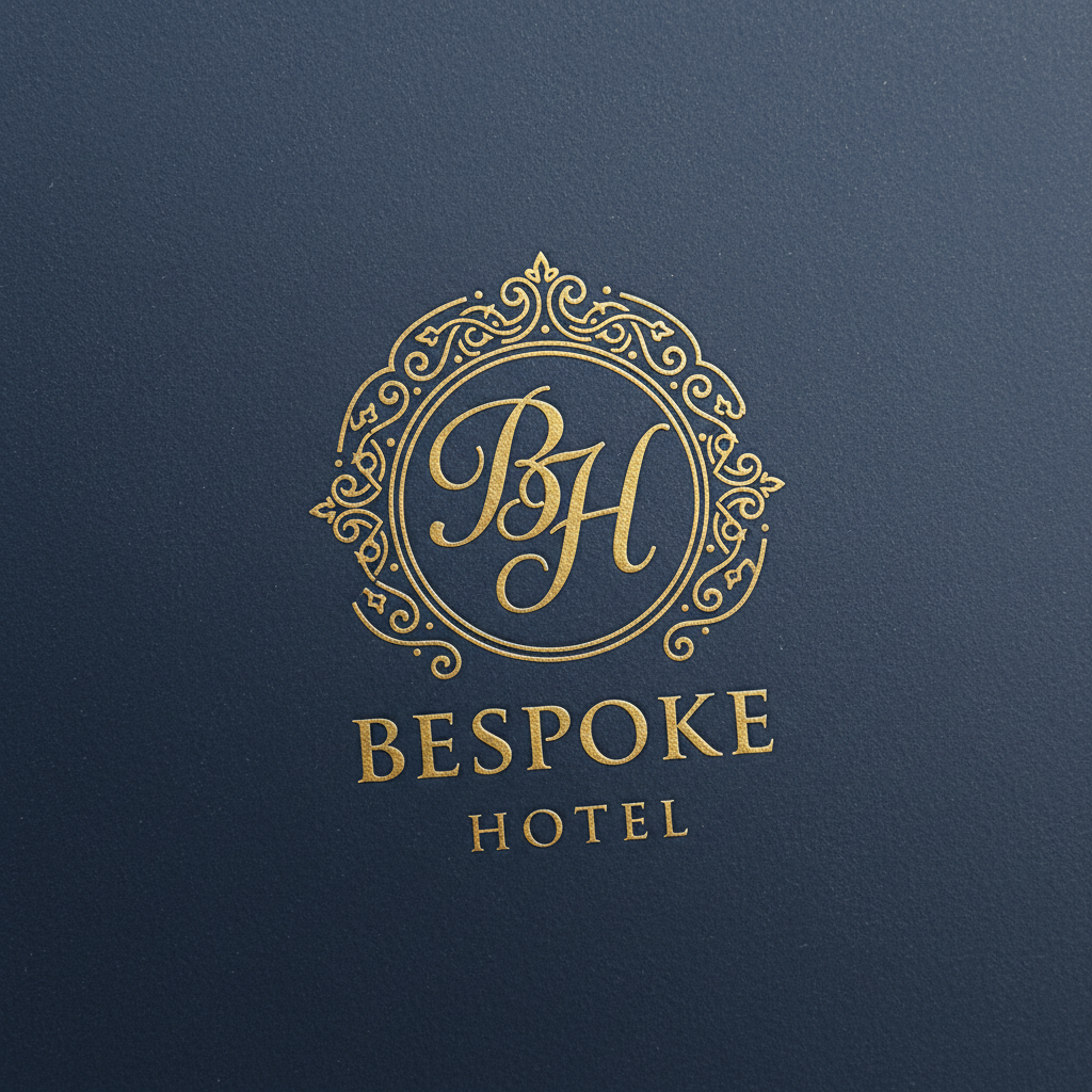 Bespoke monogram for luxury hotel stationery in deep navy and gold