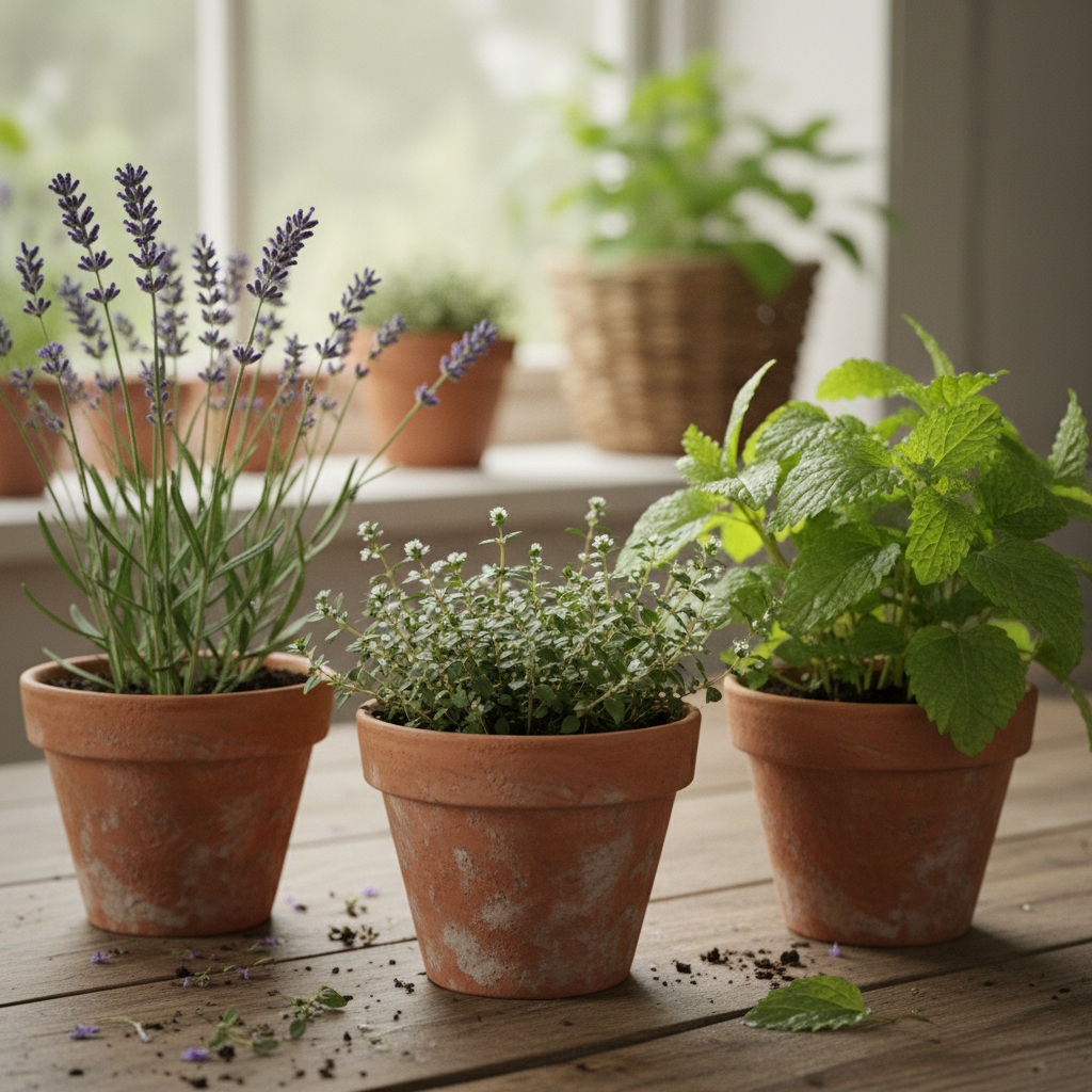 Assortment of fresh green herbs including basil, thyme, and rosemary in terracotta pots