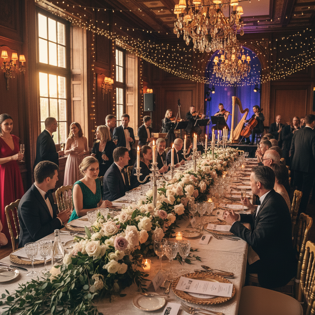 Elegant full-scale event with live music, grand floral installation and a long table set for fifty guests