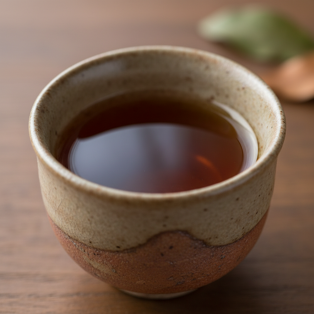 Close-up of deep amber aged sake in a small ceramic cup showing rich color and viscosity