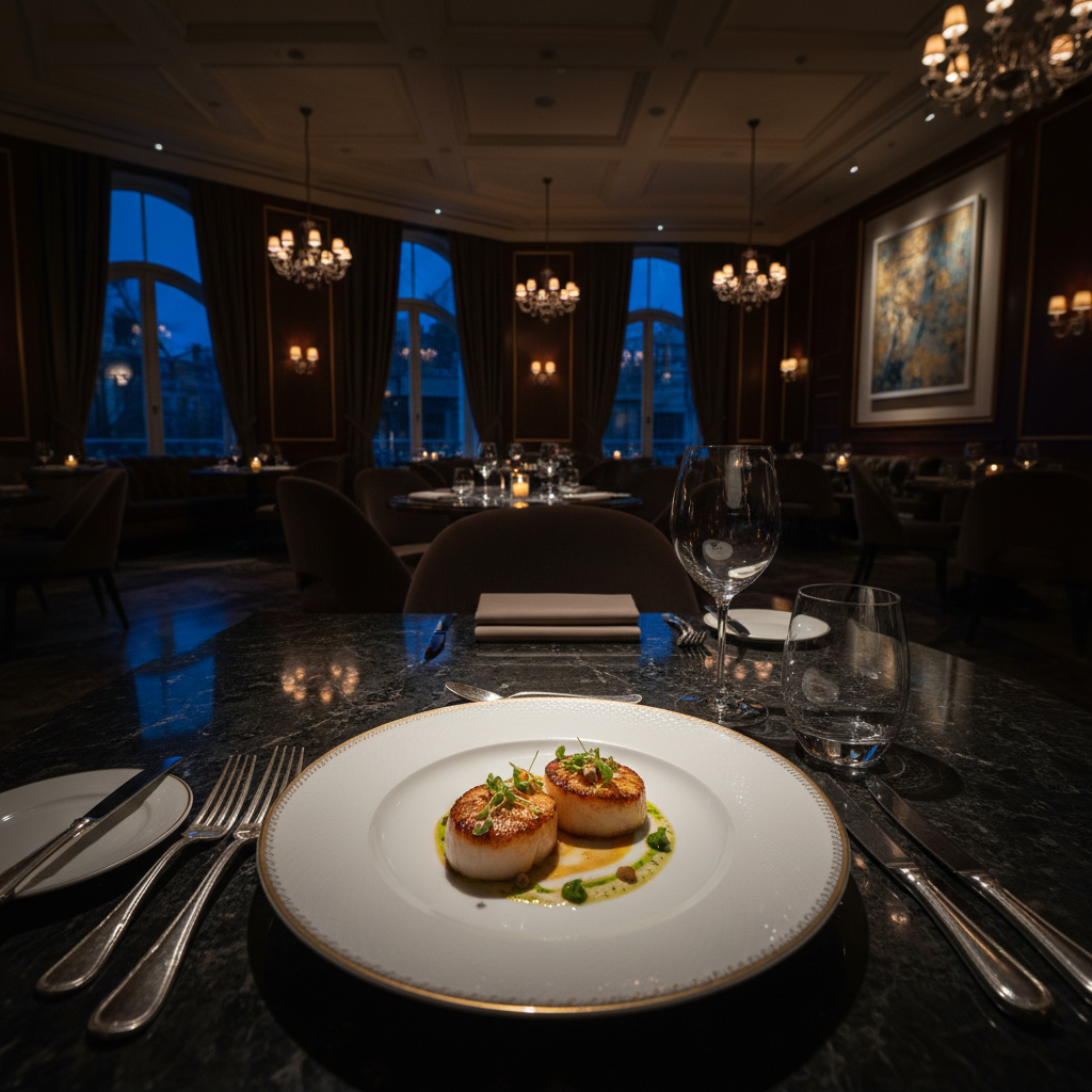 Elegant hotel dining room with dramatic lighting and a single plated dish