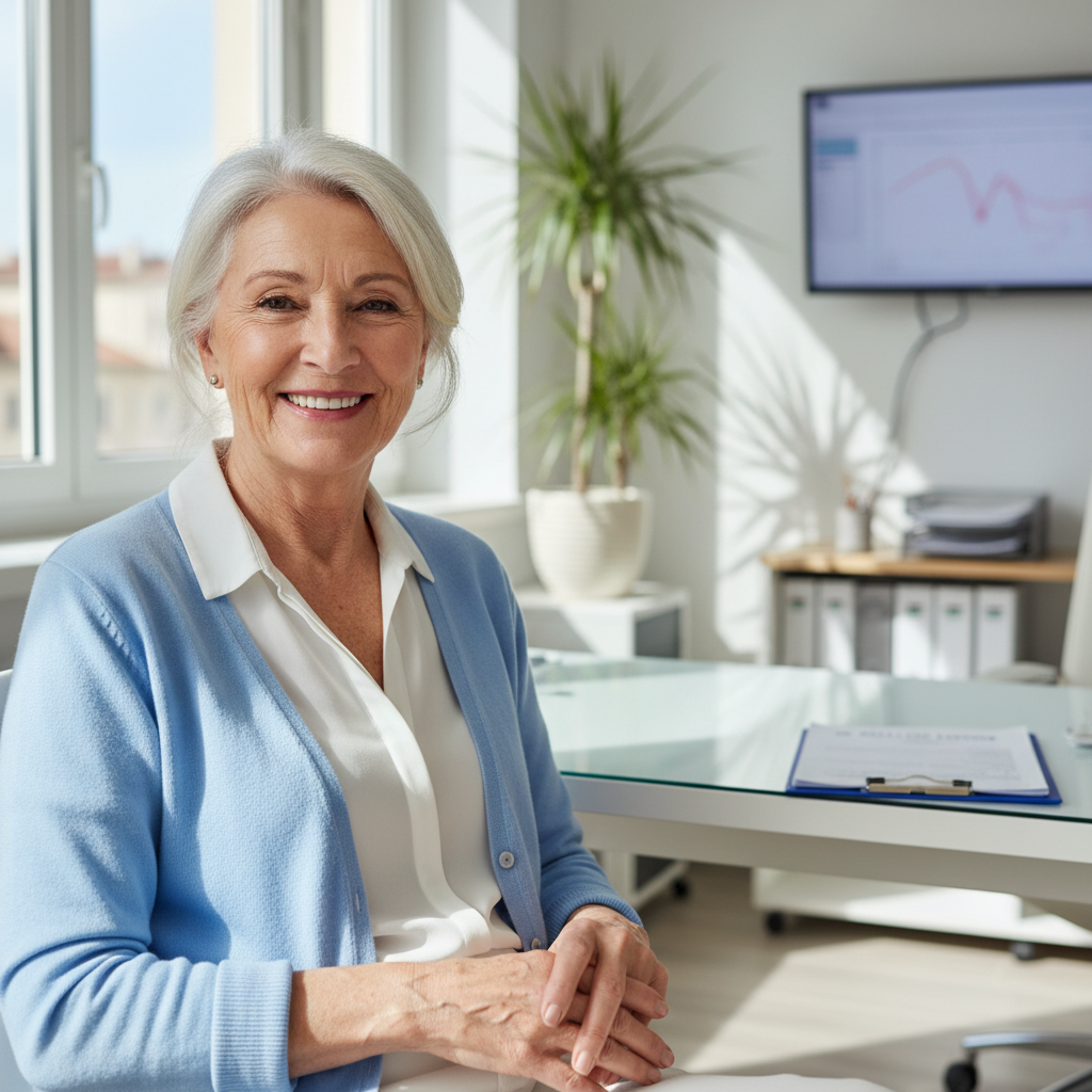Older woman with grey hair and warm smile in bright lighting