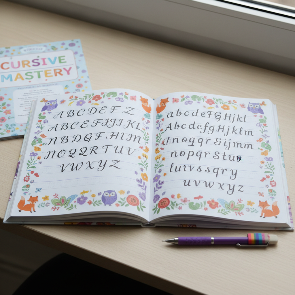 Open handwriting workbook with neat alphabet practice lines and colorful illustrated borders