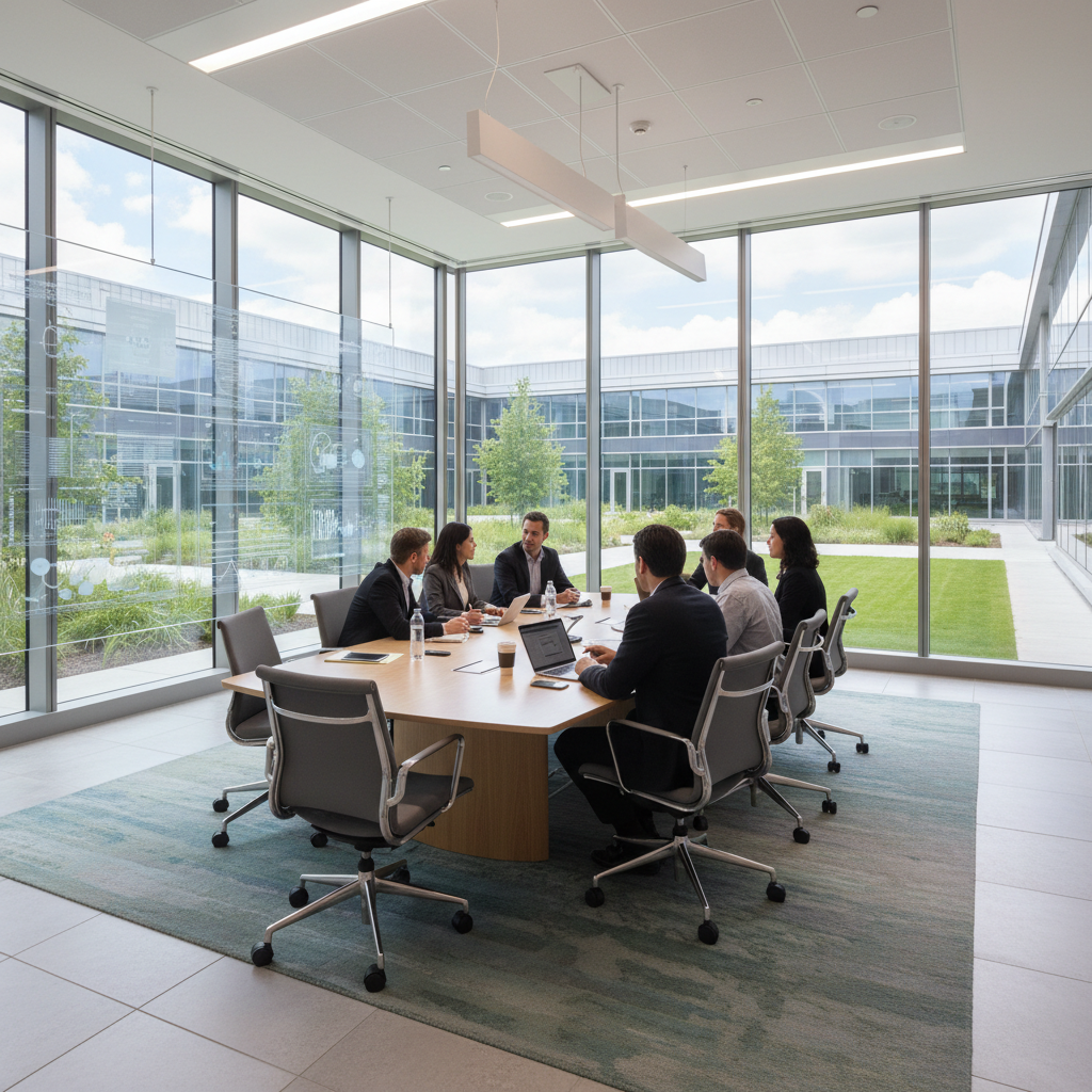 Professional team in bright modern Austin office, collaborative meeting, well-lit conference room