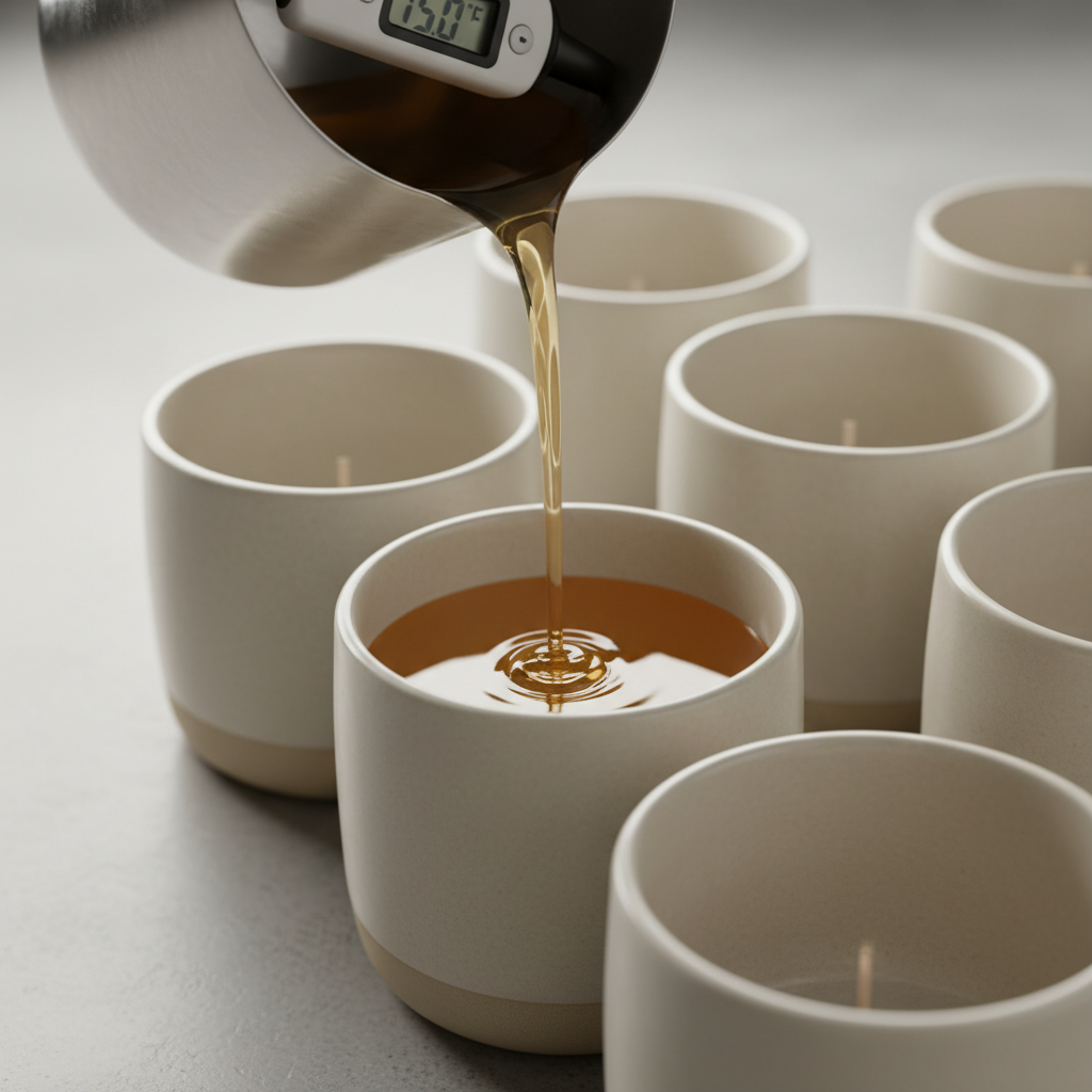 Hands carefully pouring molten soy wax into a ceramic candle vessel, golden light from above