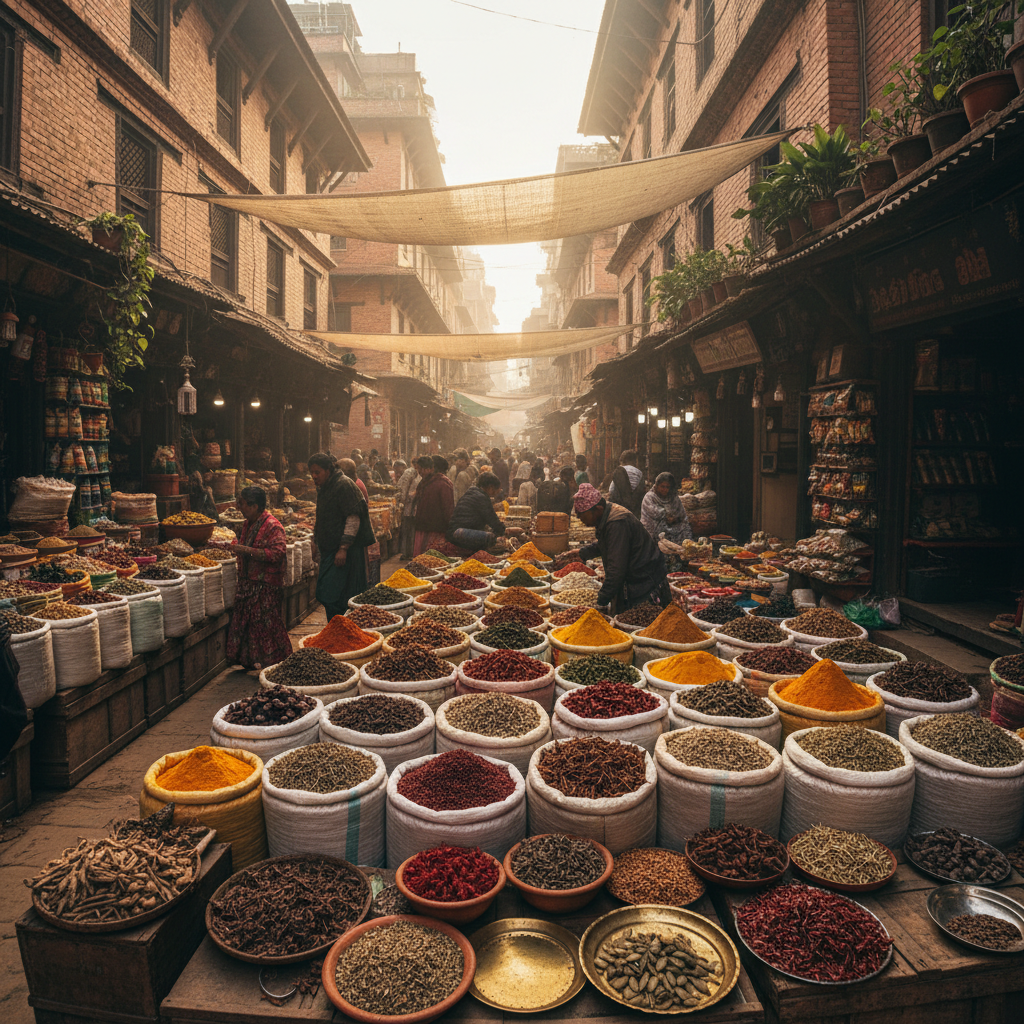 Colorful local market street scene with traditional architecture, vibrant spices and textiles, authentic cultural atmosphere