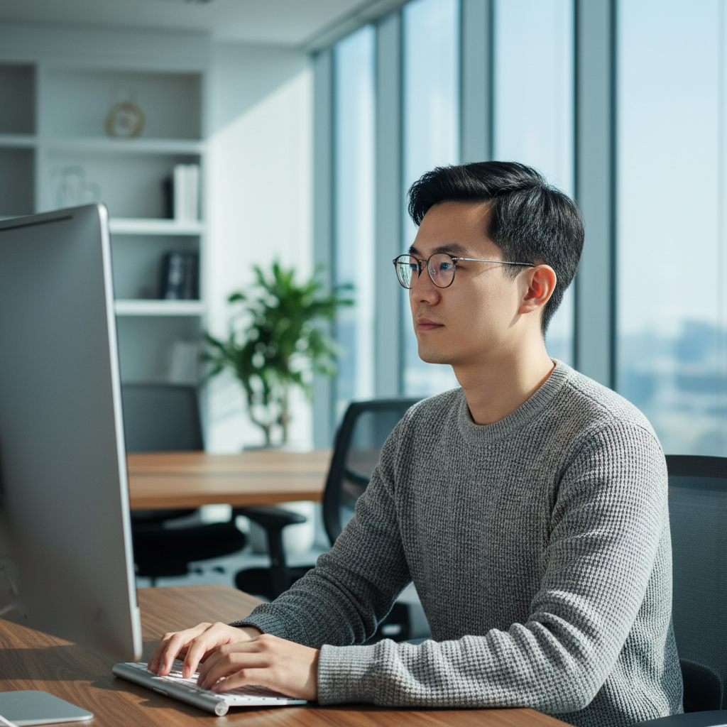 Asian man with black hair wearing casual sweater smiling genuinely in modern creative office space