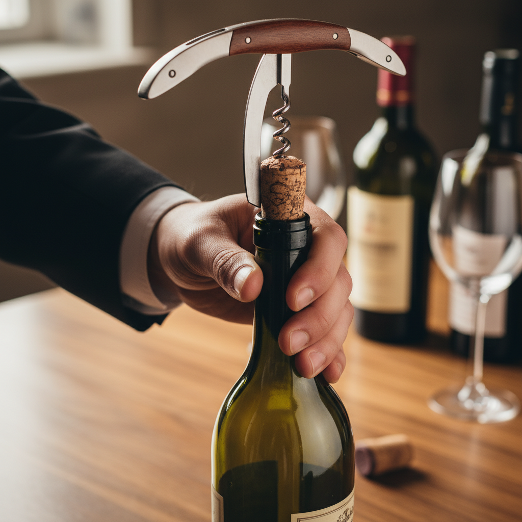 Close-up of wine bottles being opened with a sommelier knife on a wooden table