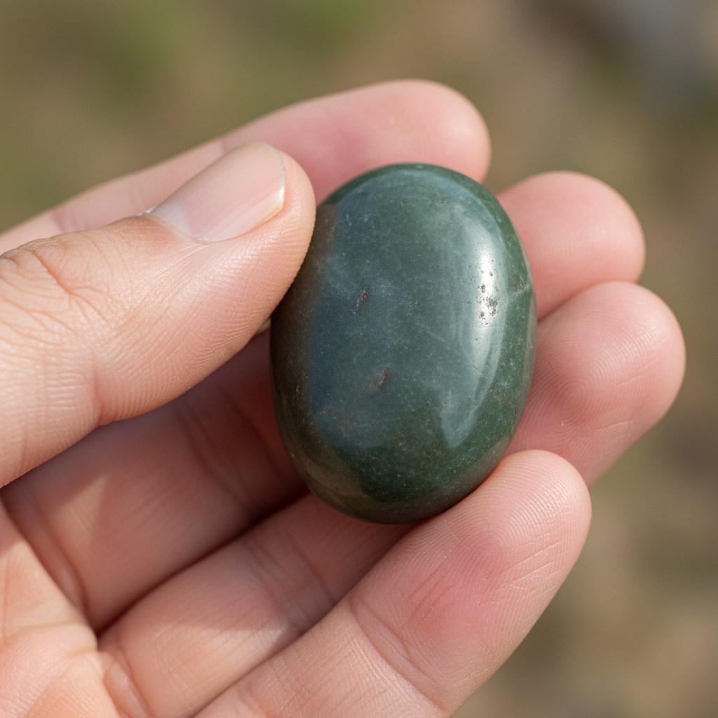 Person's hand holding a small smooth stone, light catching the surface