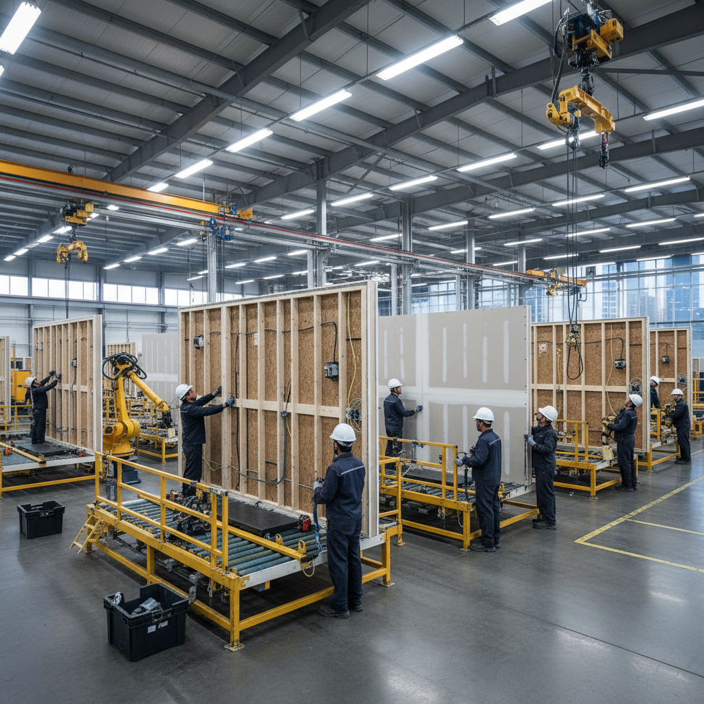 Factory workers assembling wall panels for a manufactured home in a large industrial facility