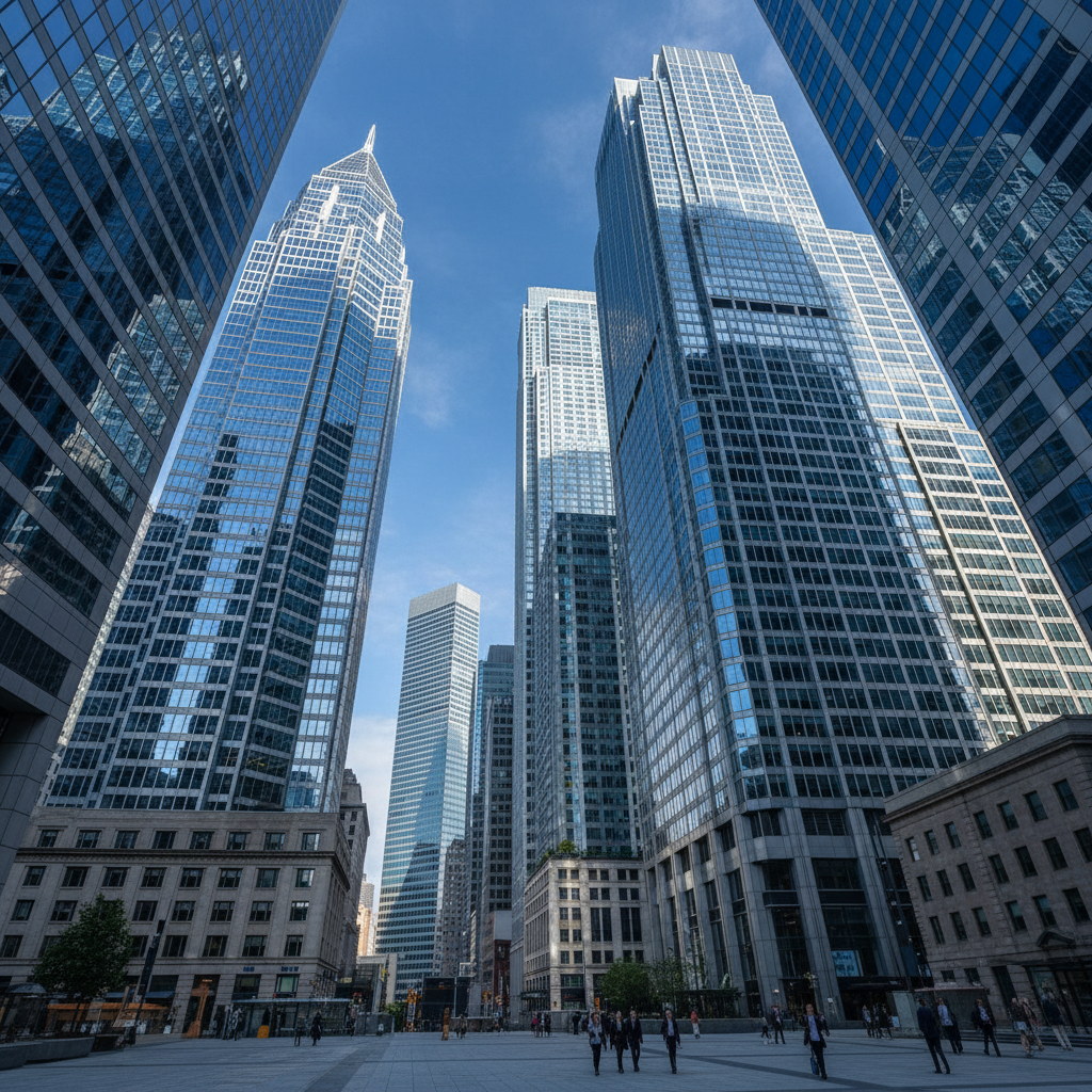 Modern financial district skyscrapers with glass facades reflecting blue sky, bright daylight corporate setting