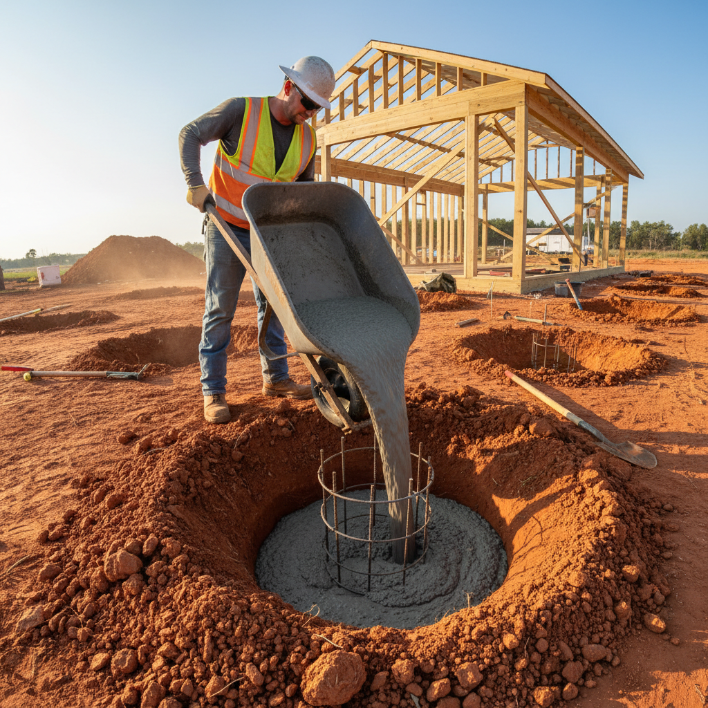 Worker pouring concrete footings into red clay soil for carport post installation