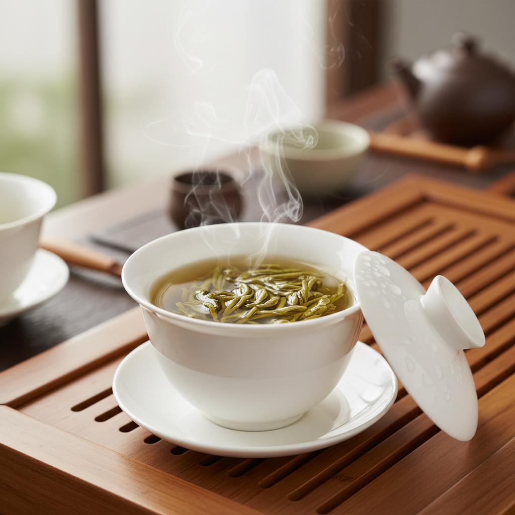 Pale jade green oolong leaves in a white ceramic gaiwan with condensation on the lid