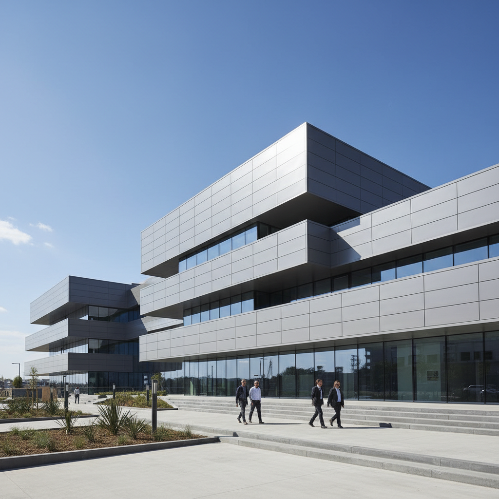 Modern office building exterior in warm afternoon light, glass facade, clear blue sky, professional architecture