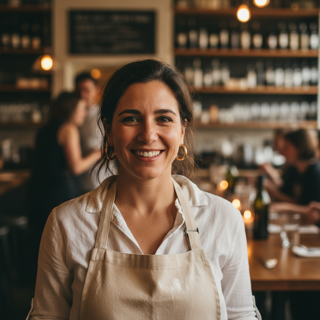 The Ev Sahibi — host of Sofra supper club, warm smile, flour-dusted apron, gold earrings