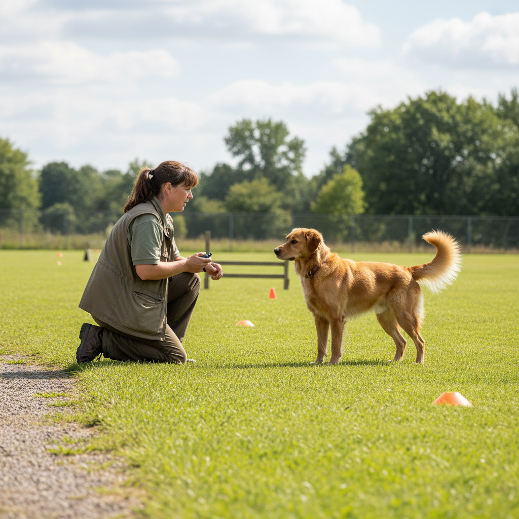 Rae Tóibín, female dog trainer smiling while a Golden Retriever puppy sits perfectly on a green lawn during a sunny afternoon session