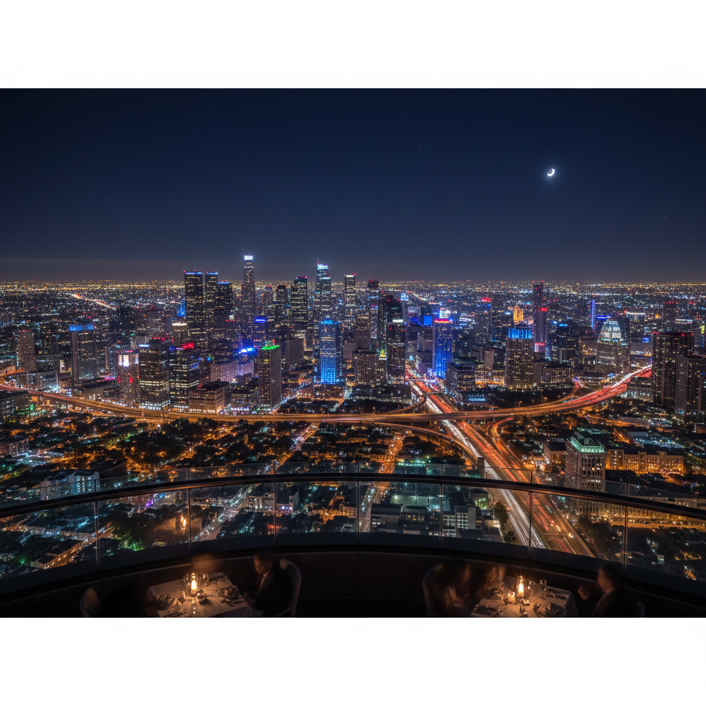 Nighttime city panorama with glittering lights viewed from a revolving rooftop restaurant