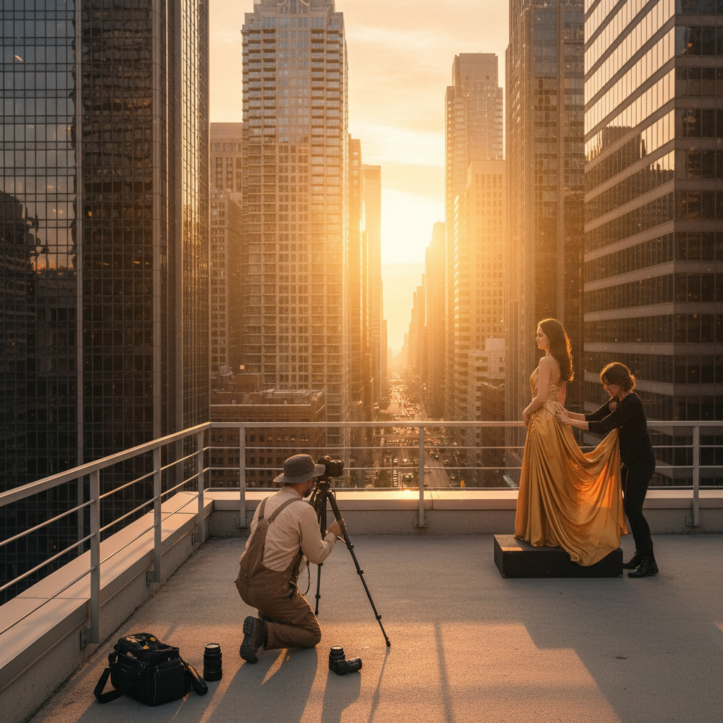 Model in golden evening dress during sunset golden hour photography