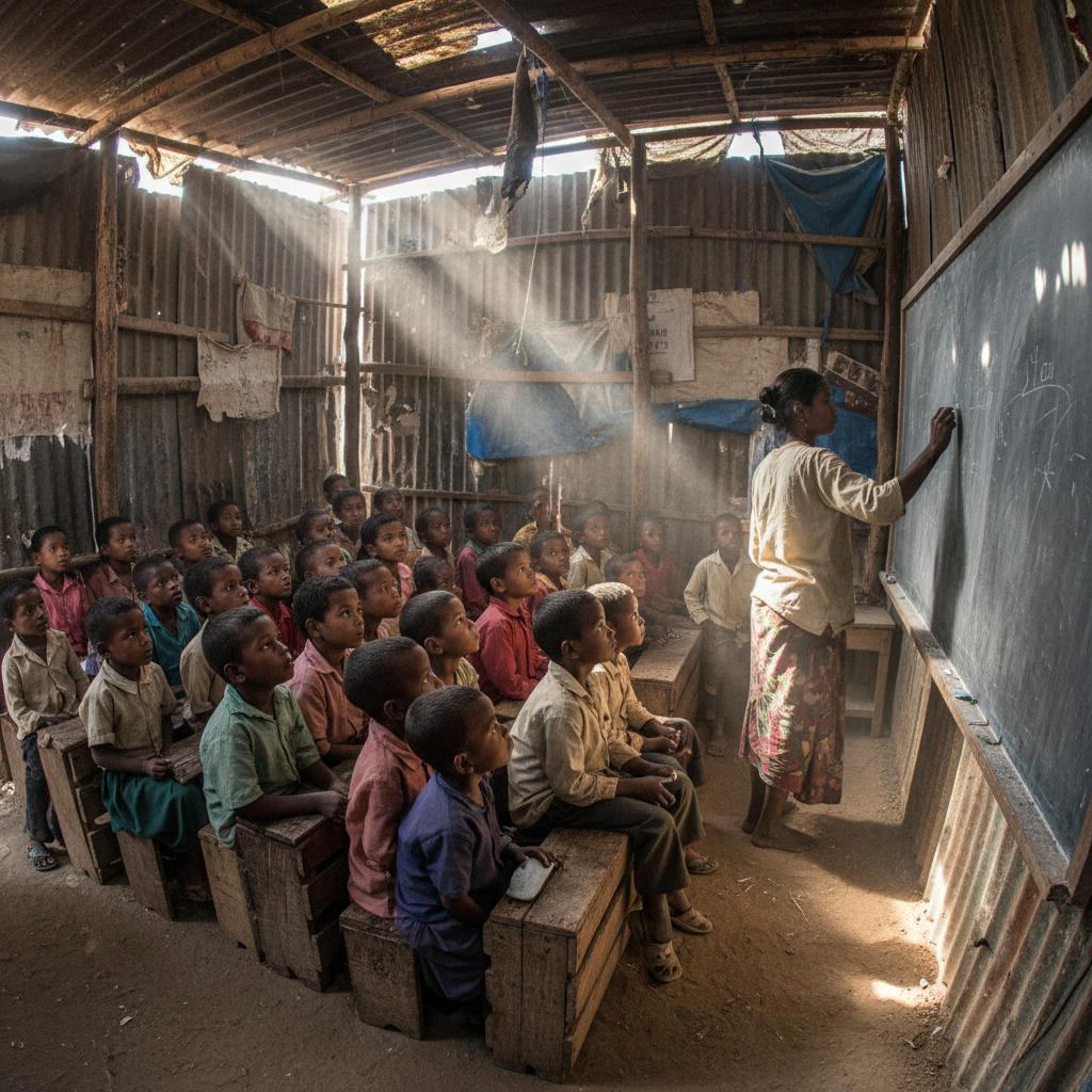 Children in classroom writing on chalkboard in developing country