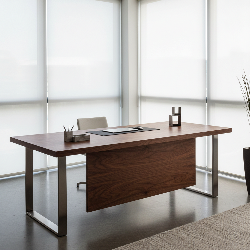 White oak executive desk with clean top surface, minimalist steel legs, bright office