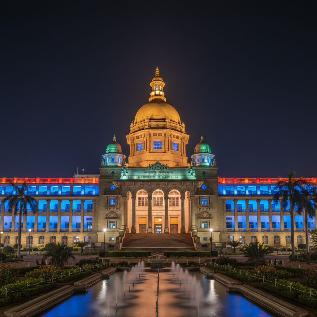 Vidhana Soudha government building with grand neoclassical architecture illuminated at twilight in Bangalore