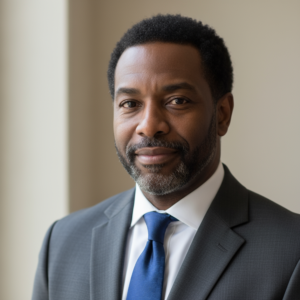 James Okafor professional headshot, dark background, sharp focus