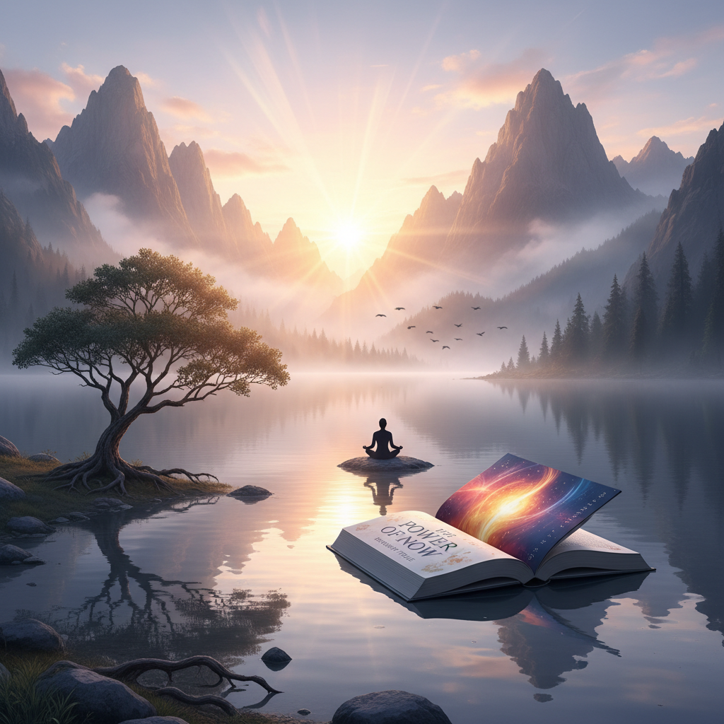 Peaceful mountain landscape at sunrise, calm serene nature, soft golden light, mindfulness and balance concept