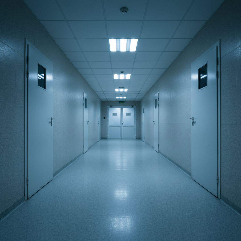 Empty clinical hallway with harsh fluorescent lighting casting cold blue shadows