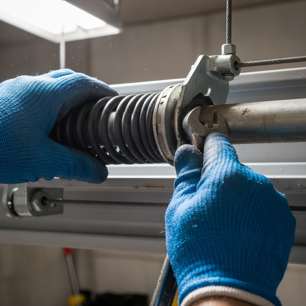 Close-up of gloved hands adjusting torsion bar mechanism on industrial garage door