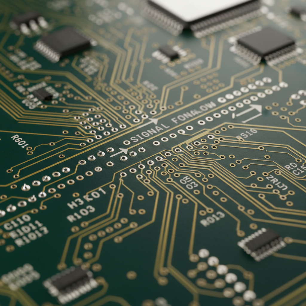Circuit board texture detail shot under flat diffused studio lighting showing signal infrastructure