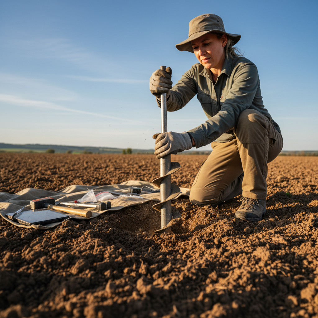 Geologist conducting a ground survey in an open field using professional equipment on a clear day