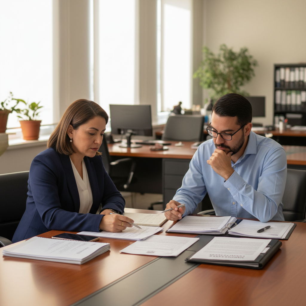 Two professionals reviewing documents at bright conference table, natural light from large windows, clean professional setting